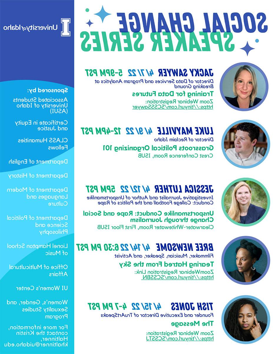 Social Change Speaker Series flyer of speakers.